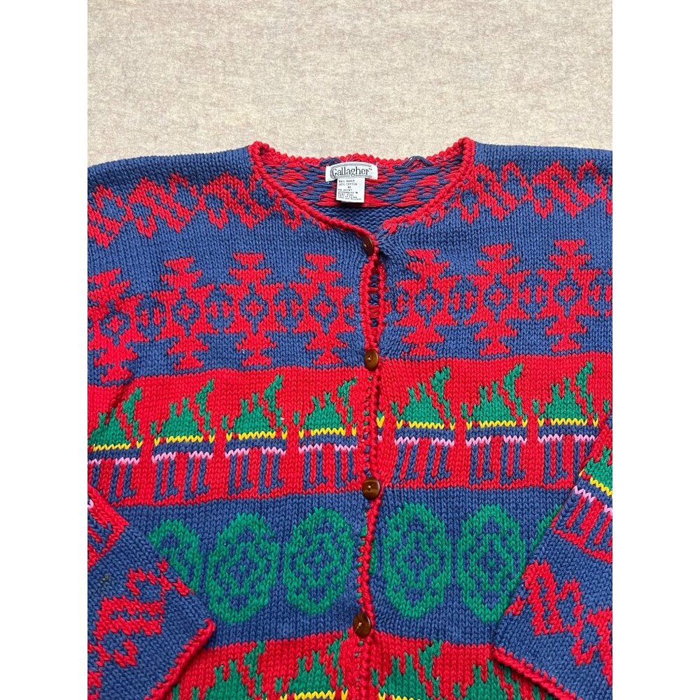 Vintage Gallagher Ramie Cotton Cardigan Holidays Knit Sweater Medium Pattern - Picture 2 of 8